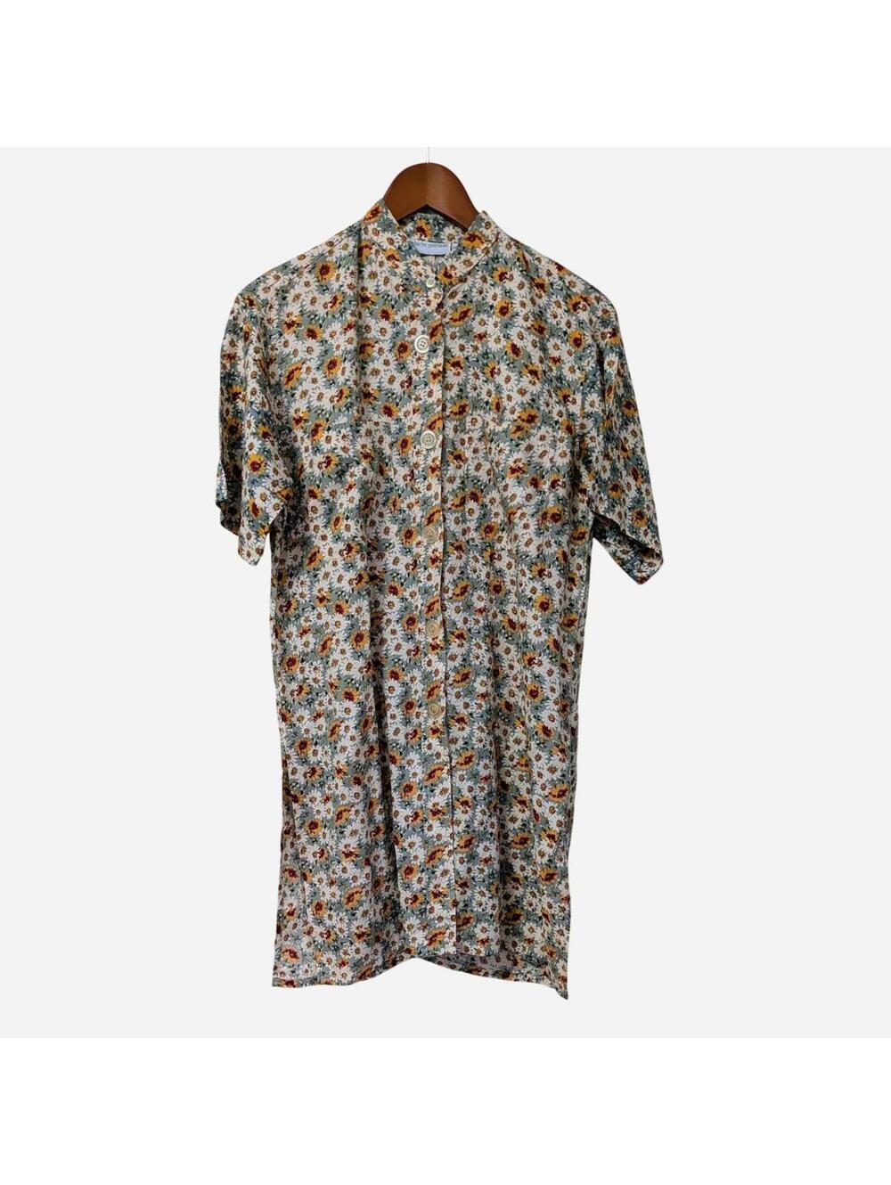 90s Umberto Giordano Sunflower Daisy Floral Tunic Shirt Dress Button Size M